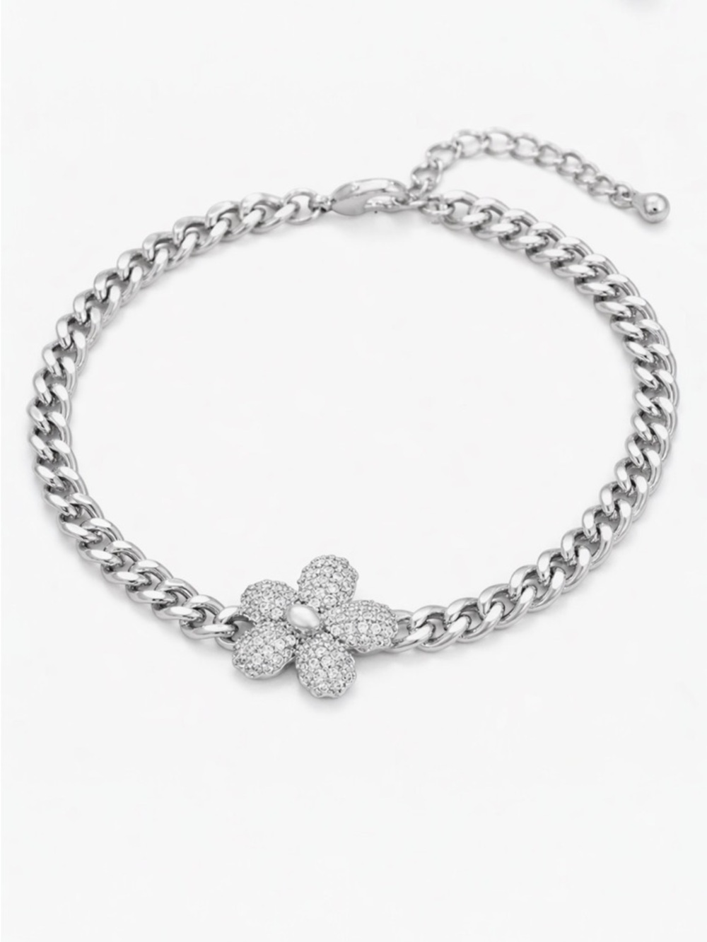 Silver Tone Cuban Chain Flower Bracelet with CZ | Platinum Plated Dainty Jewelry